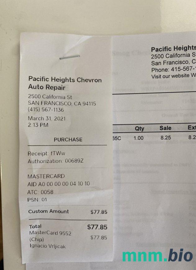 Pacific Heights Chevron Auto Repair szablon pokwitowania płatności PSD